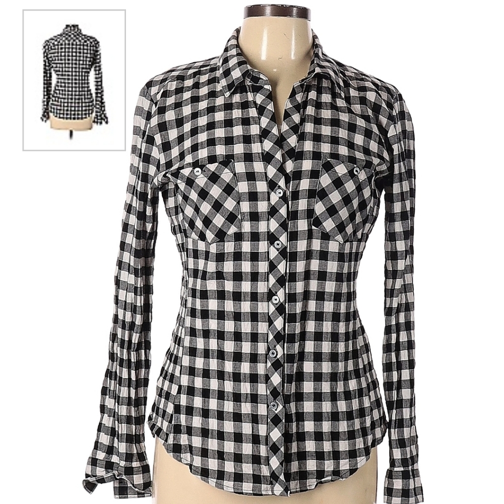 Sandra Ingrish Stretch Button Down Black and White Check Large